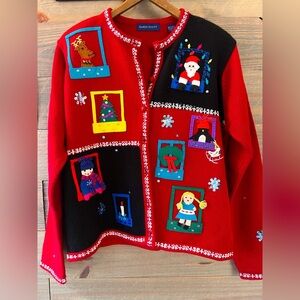 VINTAGE KAREN SCOTT CHRISTMAS SWEATER HOLIDAY CARDIGAN COTTAGE CORE LARGE RED